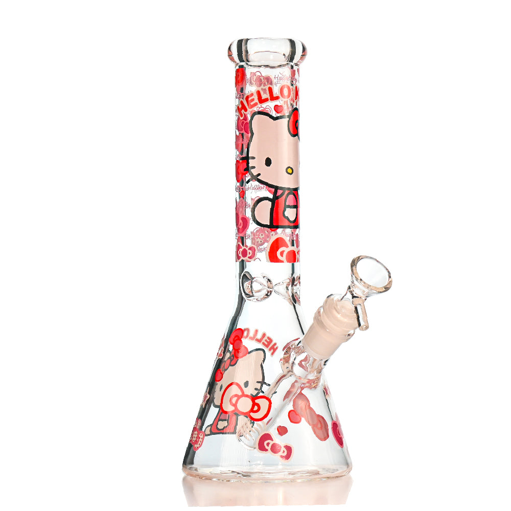 10" Cartoon Kitty Decal Beaker Bong – Thick Glass, 14mm Bowl - Croia Glass