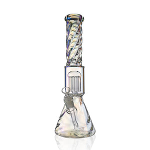 14" Full Twisted Iridescent Beaker Bong – Tree Perc, 18mm Bowl - Croia Glass