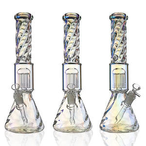 14" Full Twisted Iridescent Beaker Bong – Tree Perc, 18mm Bowl - Croia Glass