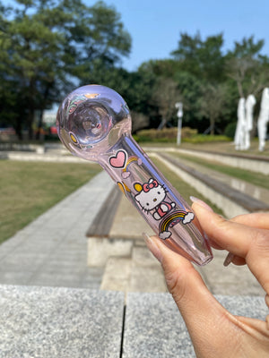4-inch pink girly glass pipe by Croia Glass featuring a curved design and decorative accents.