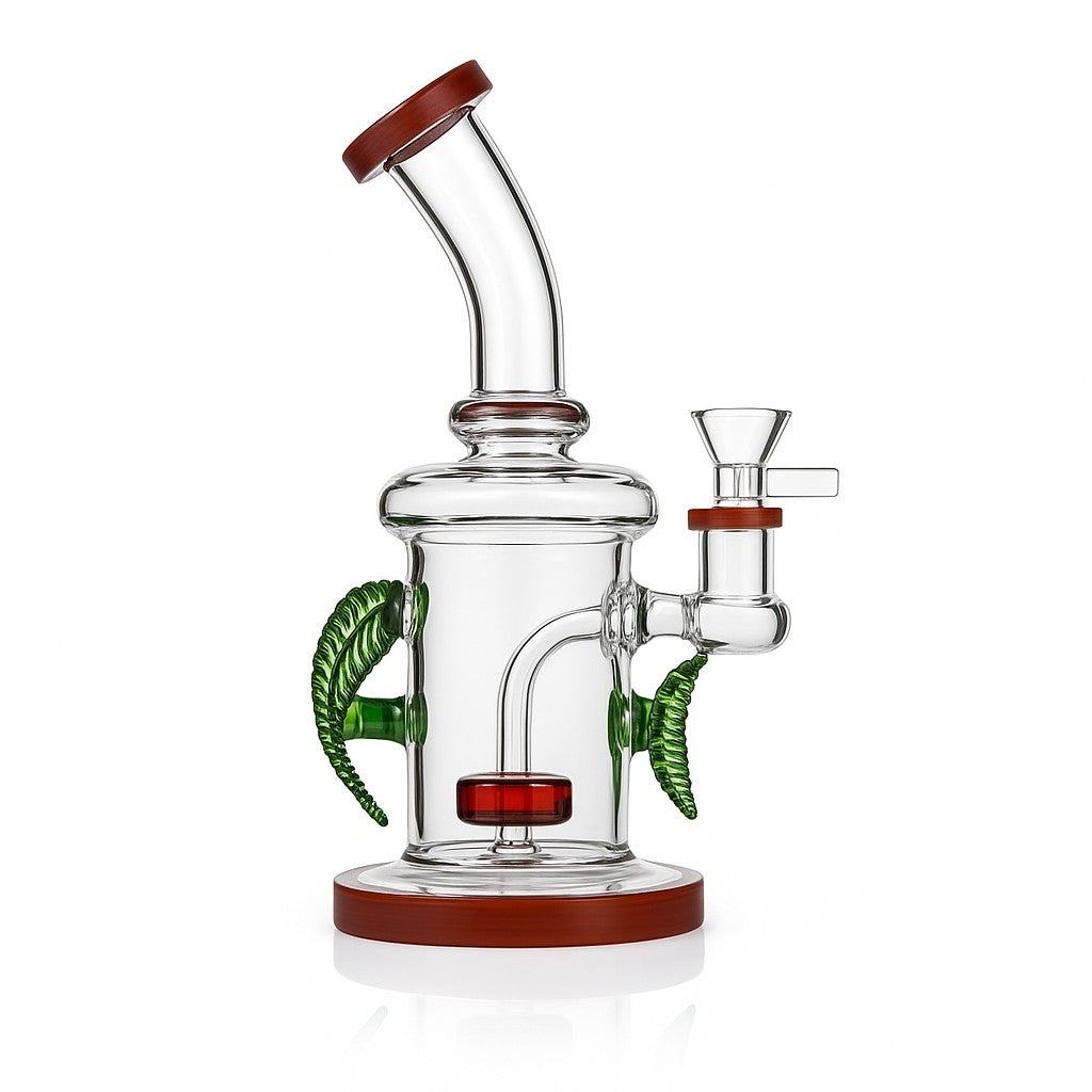 9" Double Leaf Glass Bong – Showerhead Perc, Red Accents - Croia Glass