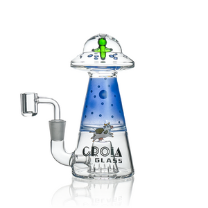 Blue UFO alien glass dab rig with showerhead perc and quartz banger by Croia Glass