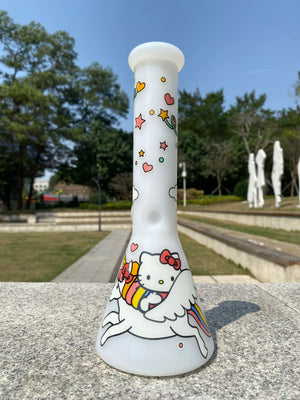 Unique white beaker bong by Croia Glass featuring a cute Hello Kitty design, perfect for collectors and enthusiasts.