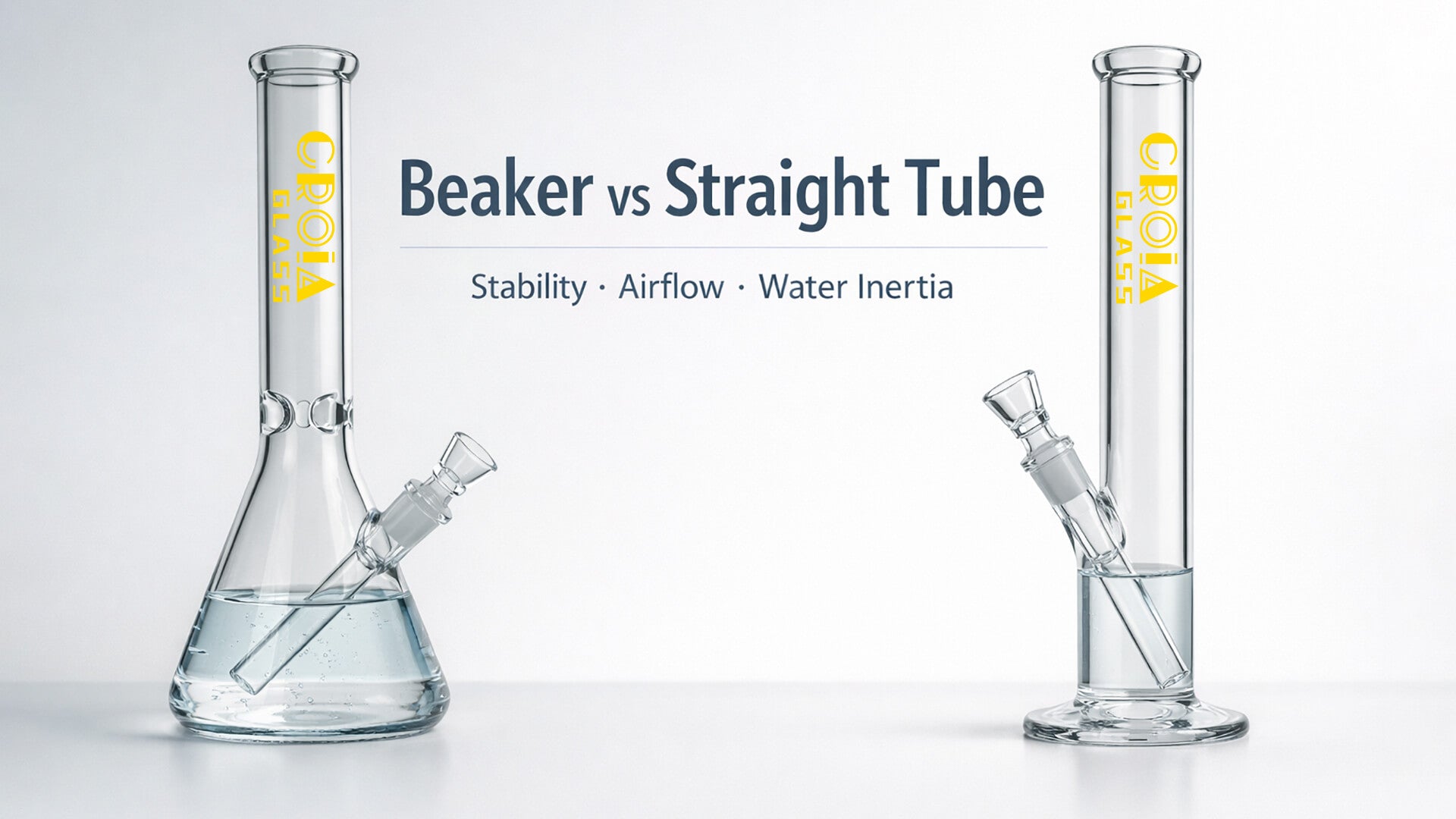 Beaker and straight tube glass bongs comparing airflow response, water inertia, and stability