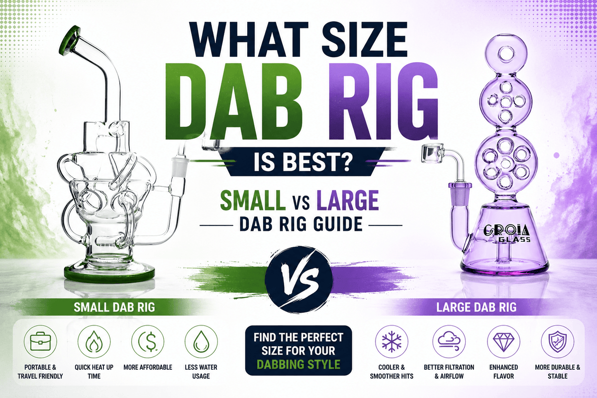 Comparison of small and large dab rigs explaining differences in portability, vapor cooling, filtration, and flavor for concentrates.