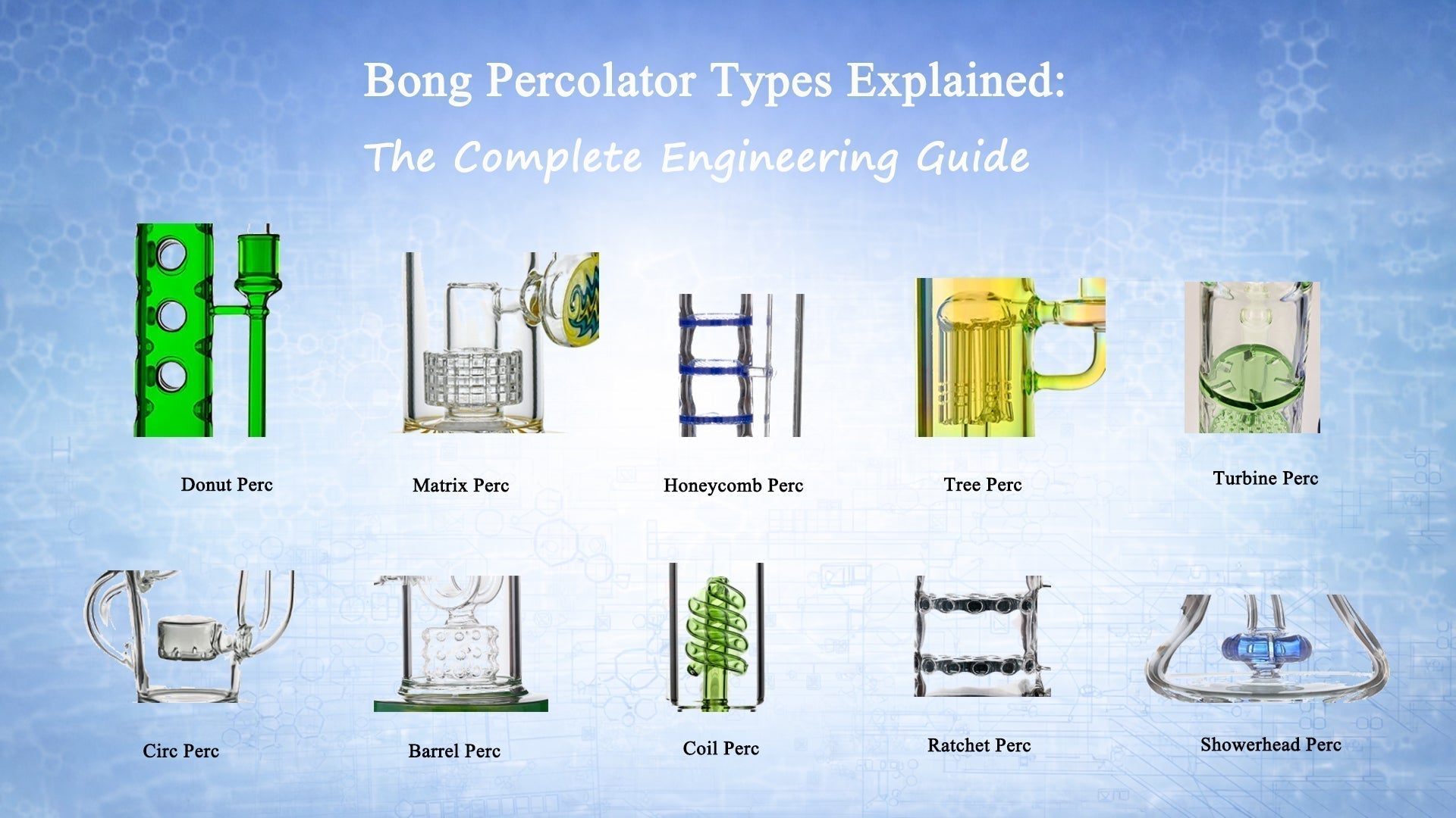 Engineering comparison of bong percolator types including swiss, inline, honeycomb, tree, showerhead, matrix and diffused downstem designs