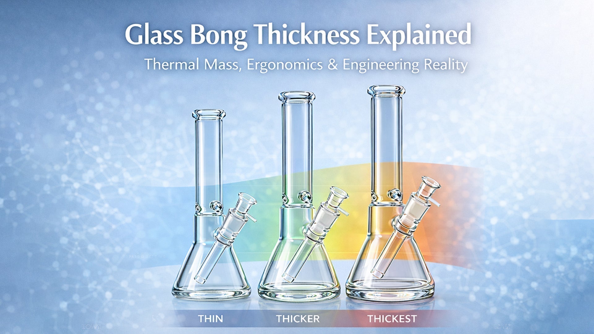 Glass bong thickness comparison showing 5mm, 7mm, and 9mm beaker base designs with different structural thickness
