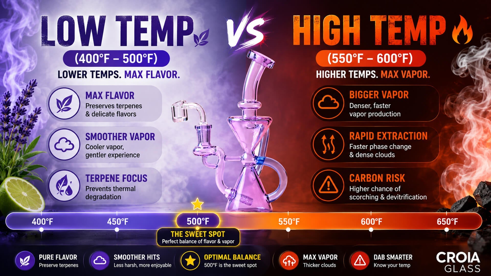 Low temp vs high temp dabs comparison showing differences in flavor, vapor density, leftover oil, and quartz banger performance.