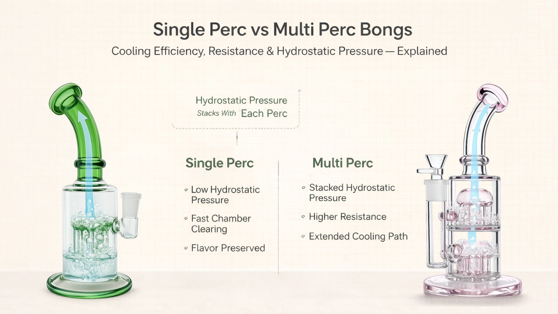 Multi-perc bong showing multiple water levels and segmented airflow paths, illustrating hydrostatic pressure buildup, repeated bubble diffusion, and smoke stagnation in stacked percolator systems.