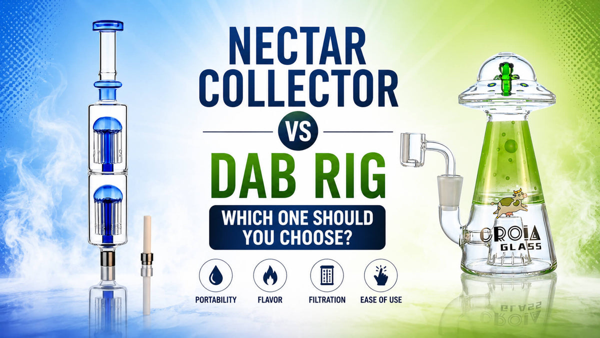 Nectar Collector vs Dab Rig comparison showing the differences between a portable nectar collector and a glass dab rig for concentrates.