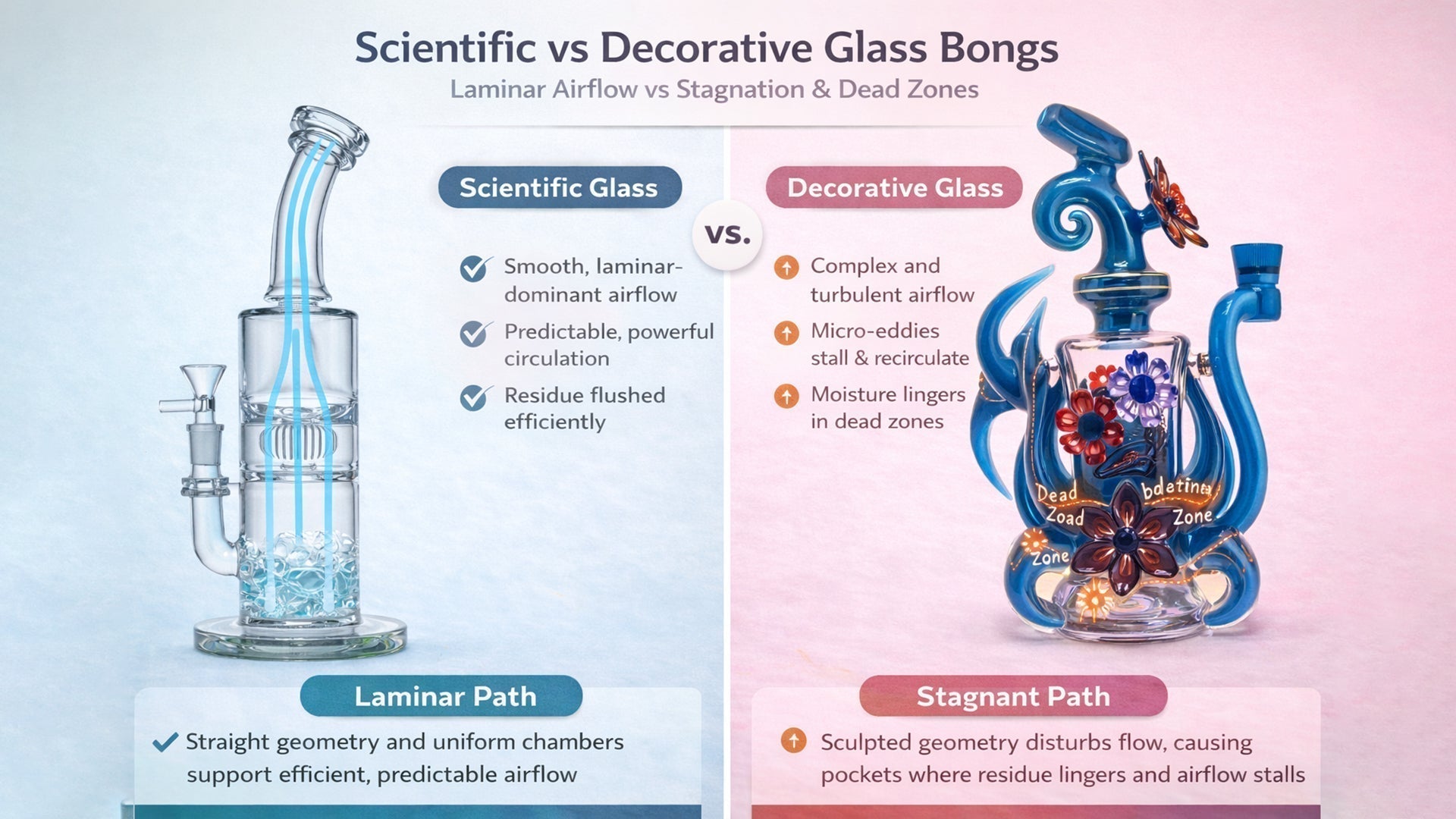 Scientific vs decorative glass bong comparison showing laminar airflow in scientific glass and turbulent dead zones in decorative glass design.