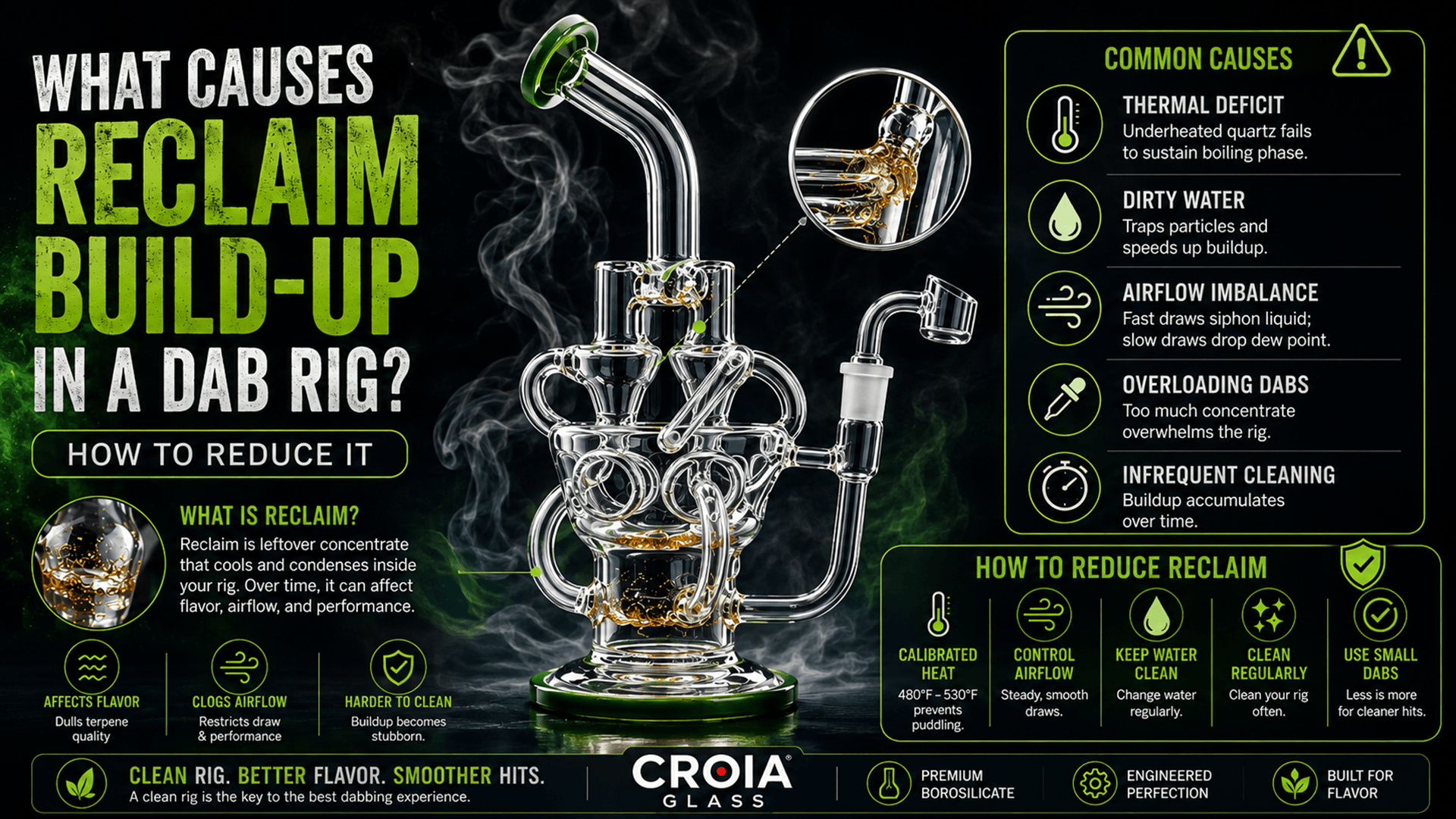 Diagram showing what causes reclaim build-up in a dab rig, including liquid pull-through, vapor deposition, airflow, water temperature, and long vapor paths.
