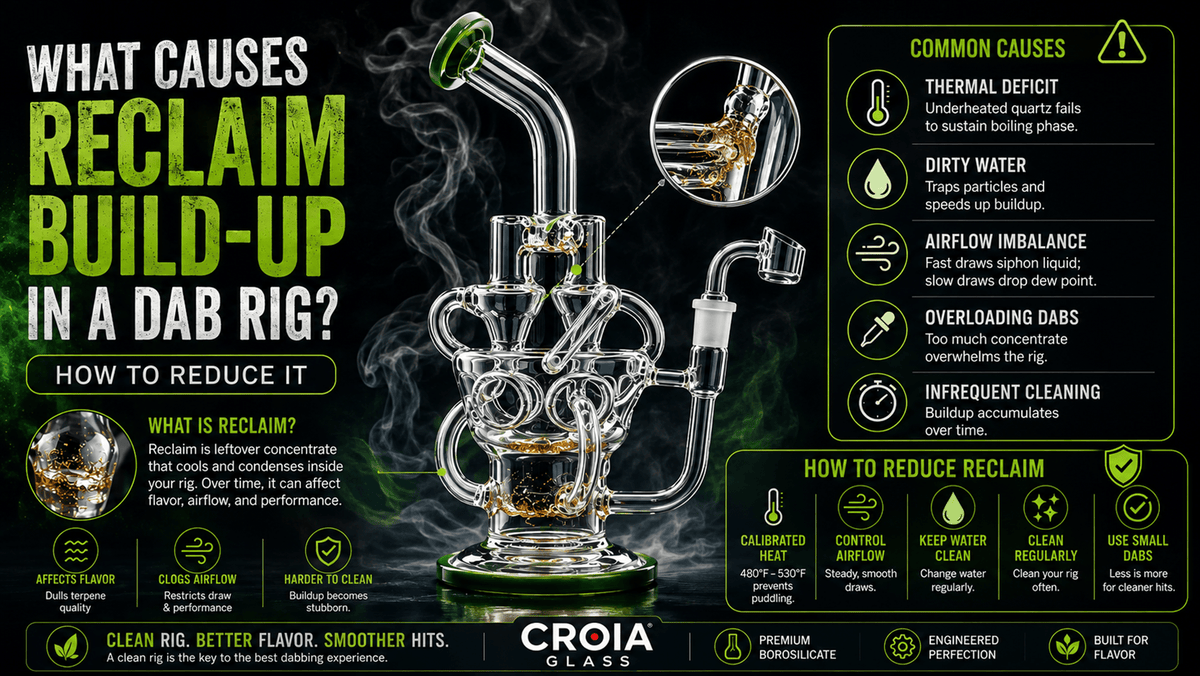 Diagram showing what causes reclaim build-up in a dab rig, including liquid pull-through, vapor deposition, airflow, water temperature, and long vapor paths.
