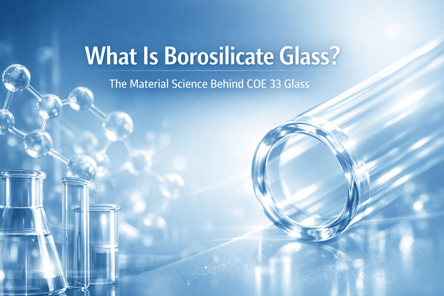 Scientific illustration of borosilicate glass material showing high transparency and COE 33 structure