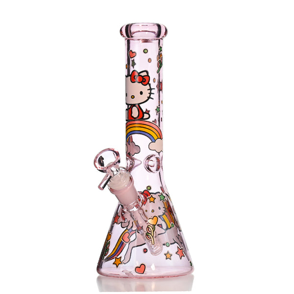 10” Pink Hello Kitty Beaker Bong – Cute Kawaii Glass Water Pipe with Rainbow & Unicorn Art