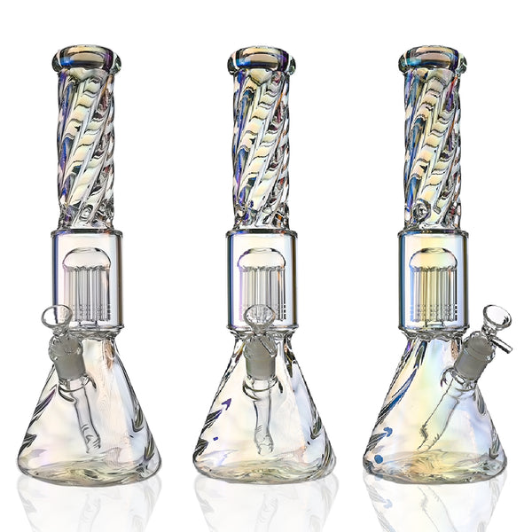 14" Full Twisted Iridescent Beaker Bong – Tree Perc, 18mm Bowl