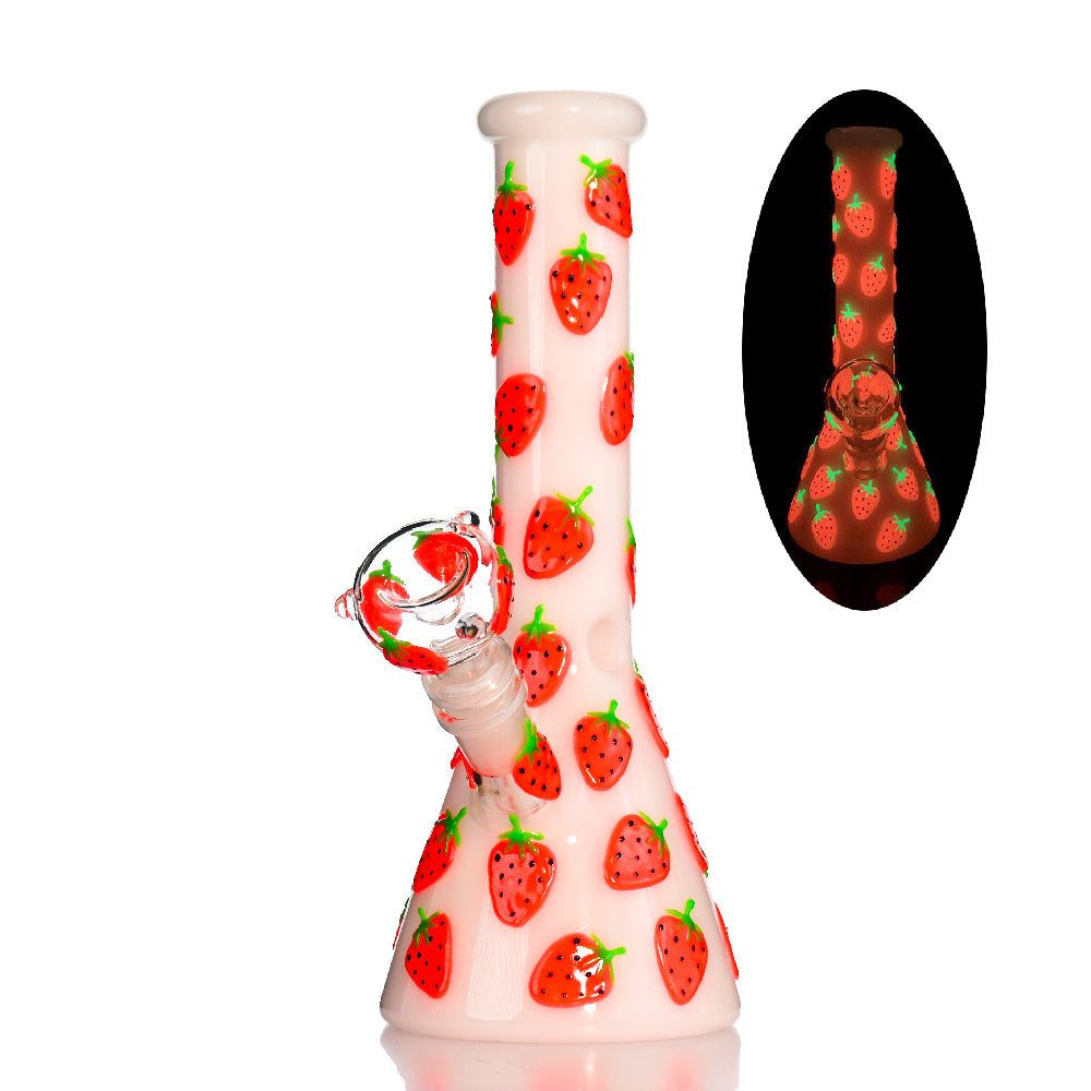 🍓 10" Hand-Painted 3D Strawberry Glow Beaker Bong - Croia Glass