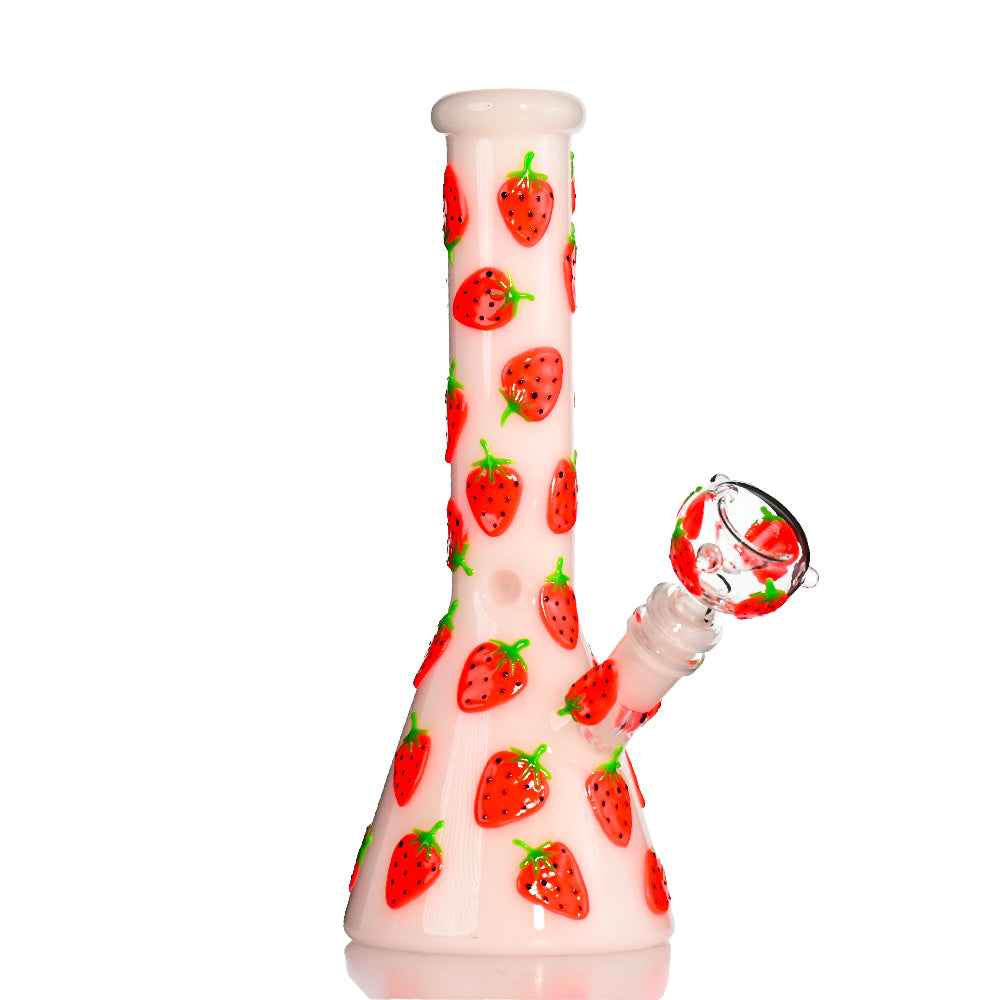 🍓 10" Hand-Painted 3D Strawberry Glow Beaker Bong - Croia Glass