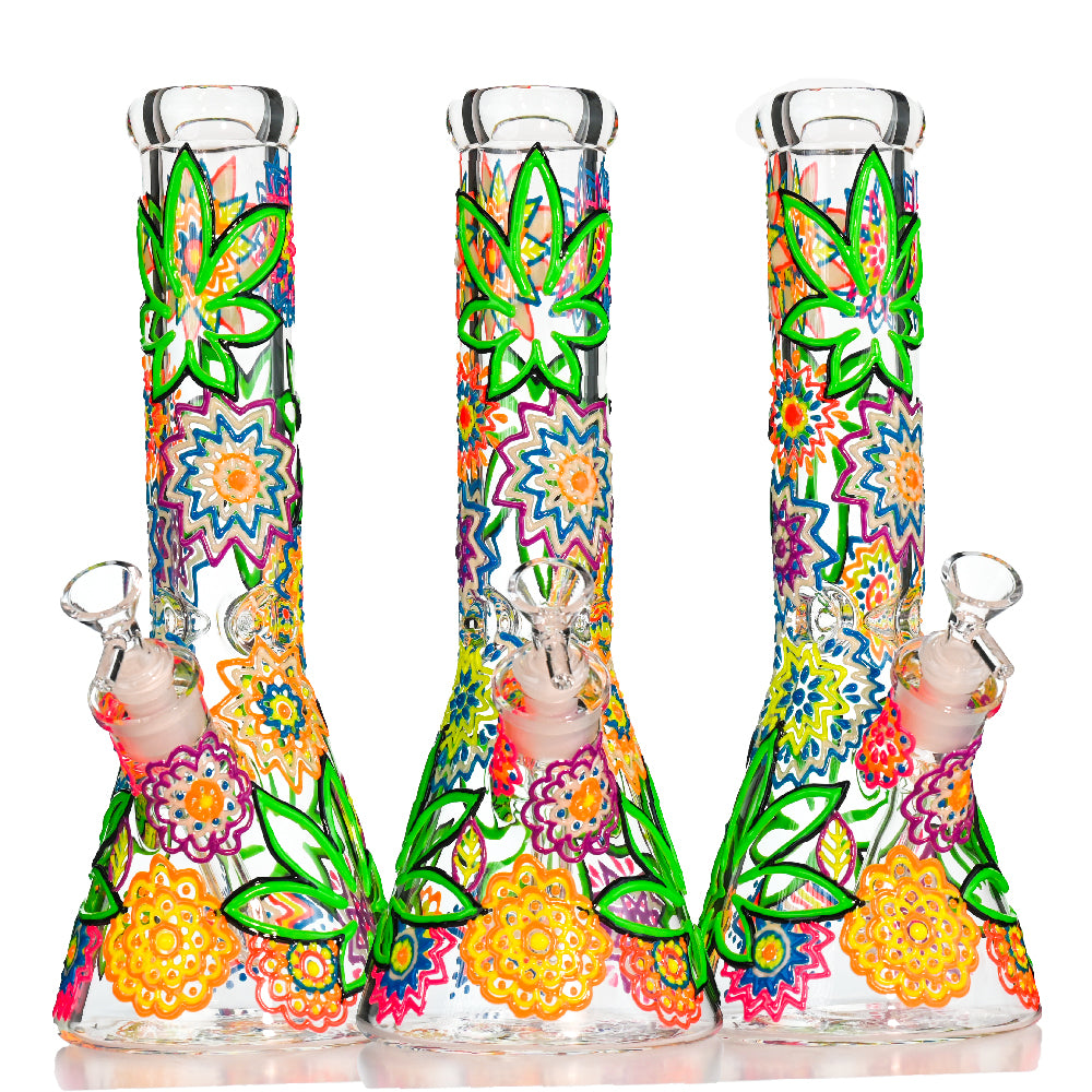 13" Mandala Floral Beaker Bong – 7MM Thick Glass, 18mm Bowl
