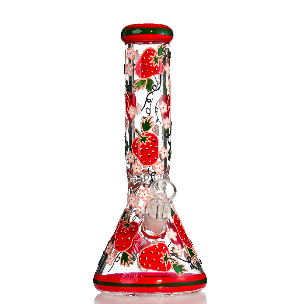 13" Strawberry Floral Beaker Bong – Thick Glass, 18mm Bowl