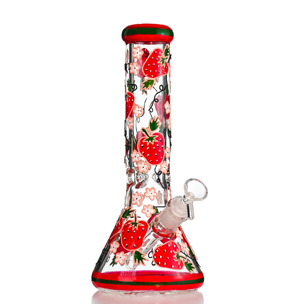 13" Strawberry Floral Beaker Bong – Thick Glass, 18mm Bowl