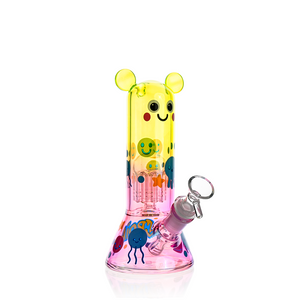 front view of cartoon beaker bong with smiling face and ear details