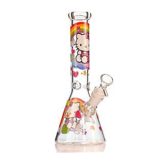 10" Cartoon Kitty Decal Beaker Bong – Thick Glass, 14mm Bowl - Croia Glass