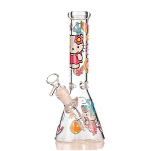 10" Cartoon Kitty Decal Beaker Bong – Thick Glass, 14mm Bowl - Croia Glass