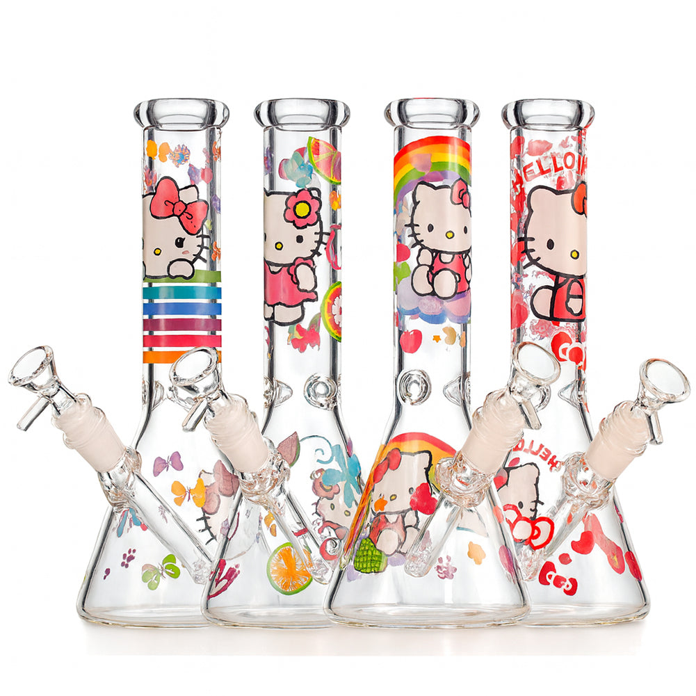 10" Cartoon Kitty Decal Beaker Bong – Thick Glass, 14mm Bowl - Croia Glass