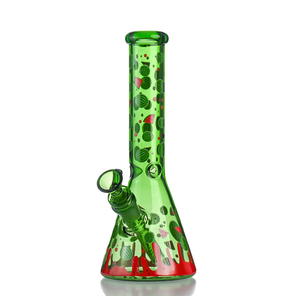 10" Green Watermelon Beaker Bong – 14mm Bowl, Full Fruit Print - Croia Glass