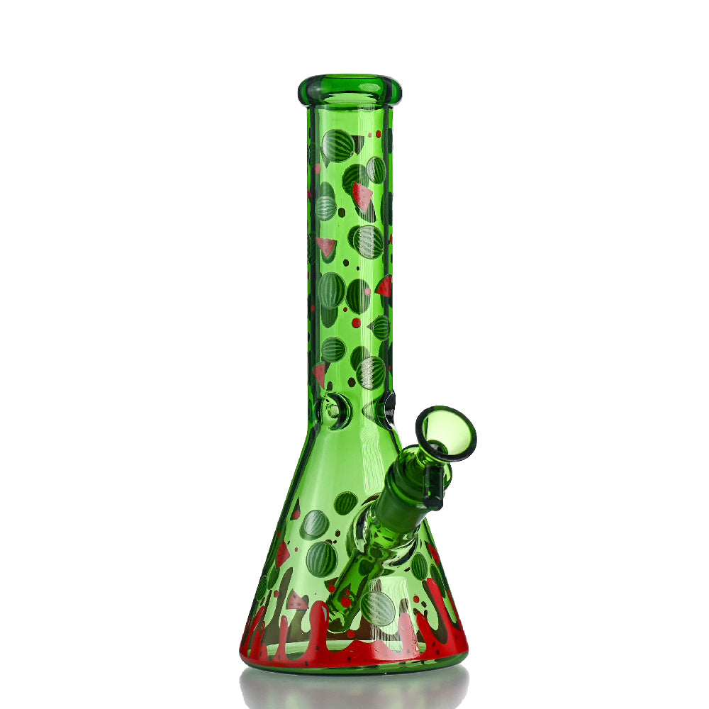 10" Green Watermelon Beaker Bong – 14mm Bowl, Full Fruit Print - Croia Glass