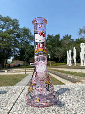 10” Pink Hello Kitty Beaker Bong – Cute Kawaii Glass Water Pipe with Rainbow & Unicorn Art - Croia Glass