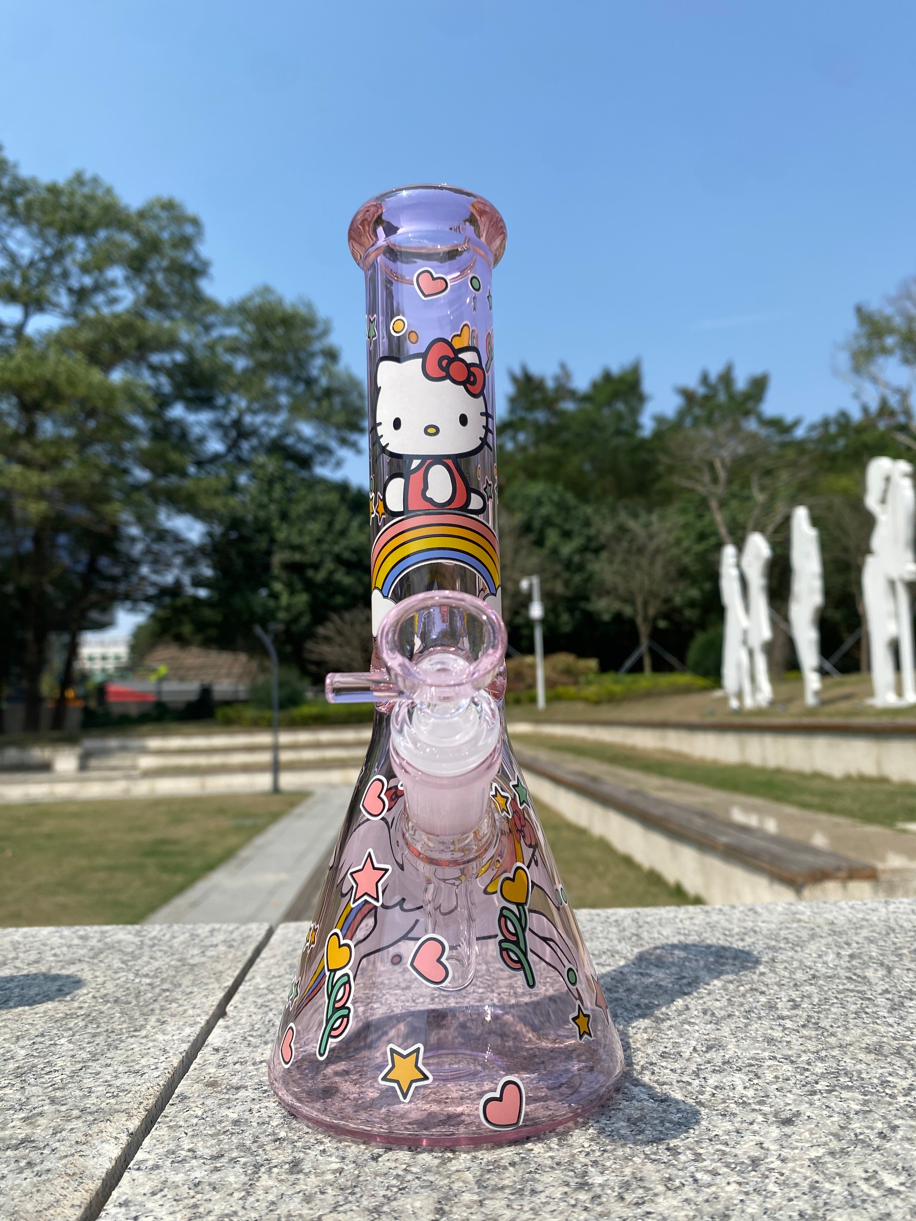 10” Pink Hello Kitty Beaker Bong – Cute Kawaii Glass Water Pipe with Rainbow & Unicorn Art - Croia Glass
