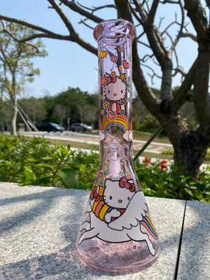 10” Pink Hello Kitty Beaker Bong – Cute Kawaii Glass Water Pipe with Rainbow & Unicorn Art - Croia Glass