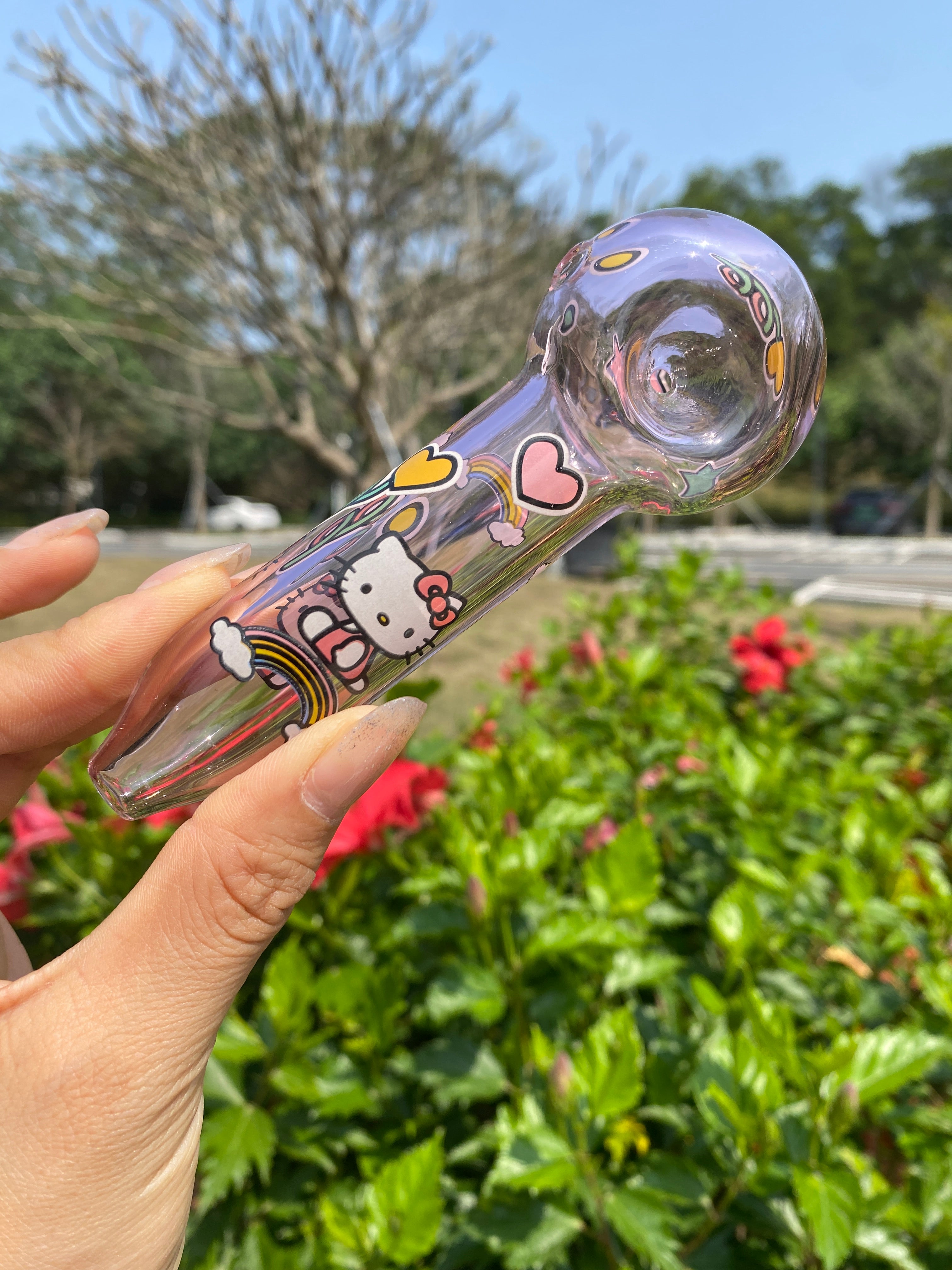 10” Pink Hello Kitty Beaker Bong – Cute Kawaii Glass Water Pipe with Rainbow & Unicorn Art - Croia Glass
