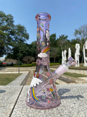 10” Pink Hello Kitty Beaker Bong – Cute Kawaii Glass Water Pipe with Rainbow & Unicorn Art - Croia Glass