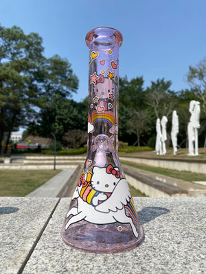 10” Pink Hello Kitty Beaker Bong – Cute Kawaii Glass Water Pipe with Rainbow & Unicorn Art - Croia Glass