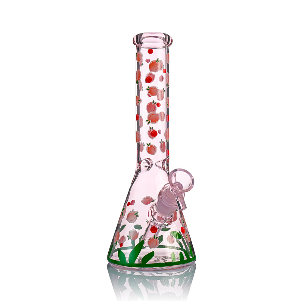 10" Pink Peach Beaker Bong – Cute Fruit Print, 14mm Matching Bowl - Croia Glass
