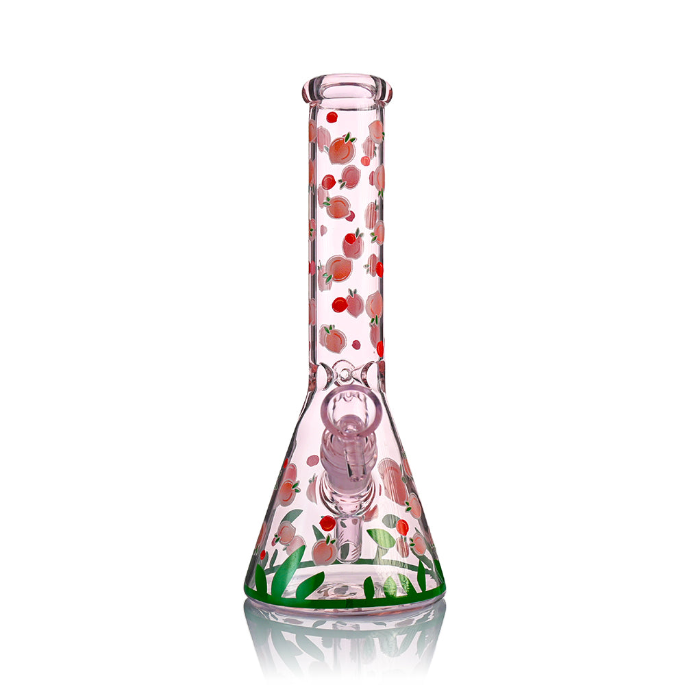 10" Pink Peach Beaker Bong – Cute Fruit Print, 14mm Matching Bowl - Croia Glass