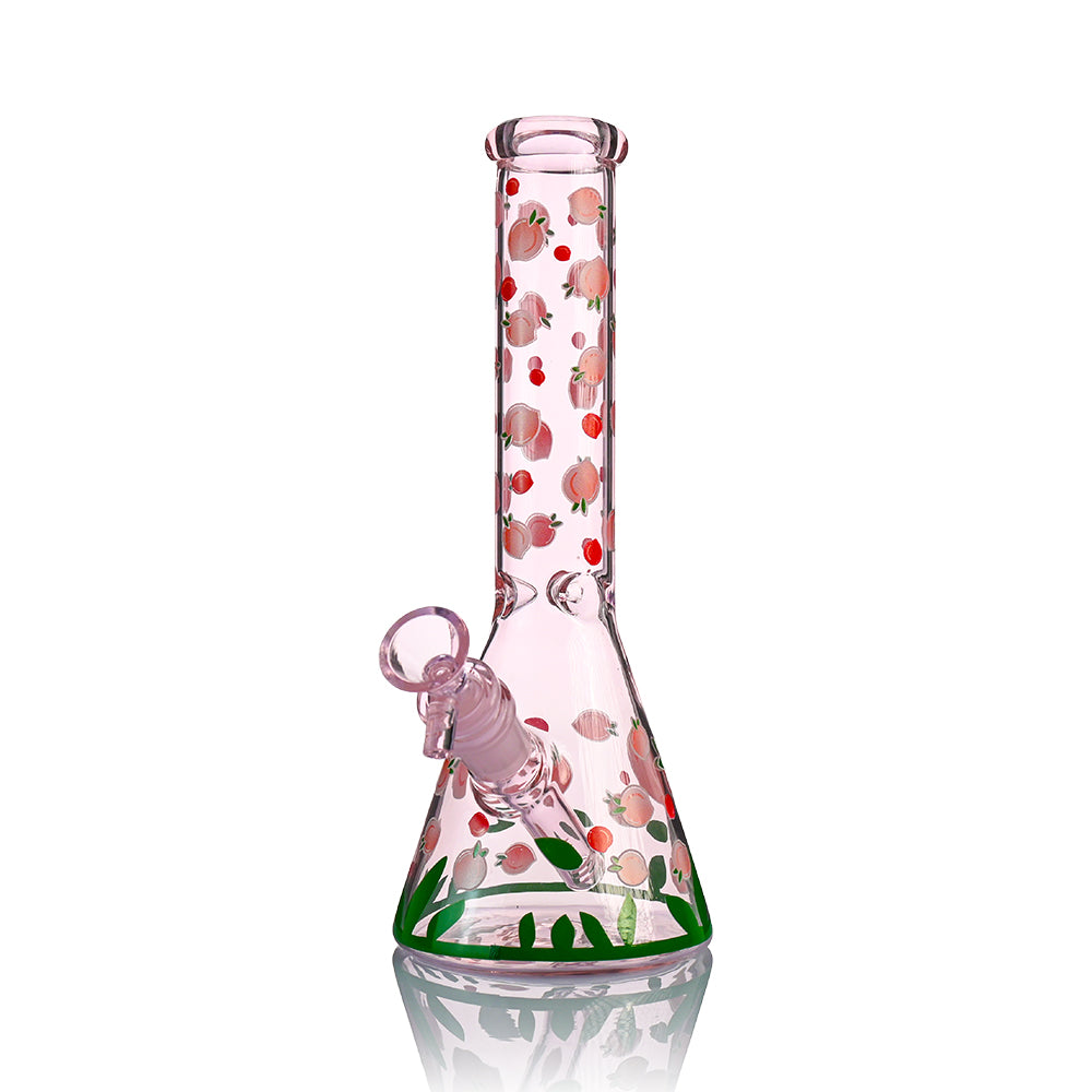 10" Pink Peach Beaker Bong – Cute Fruit Print, 14mm Matching Bowl - Croia Glass