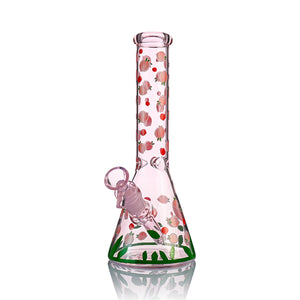 10" Pink Peach Beaker Bong – Cute Fruit Print, 14mm Matching Bowl - Croia Glass