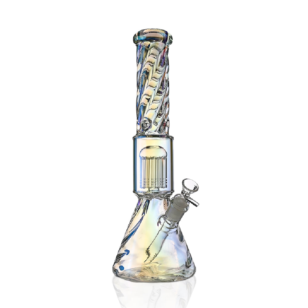 14" Full Twisted Iridescent Beaker Bong – Tree Perc, 18mm Bowl - Croia Glass