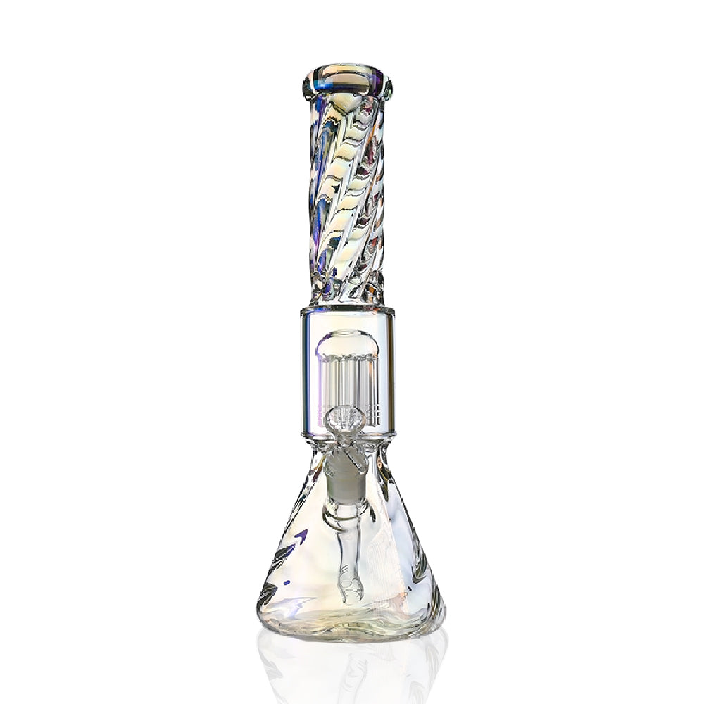 14" Full Twisted Iridescent Beaker Bong – Tree Perc, 18mm Bowl - Croia Glass