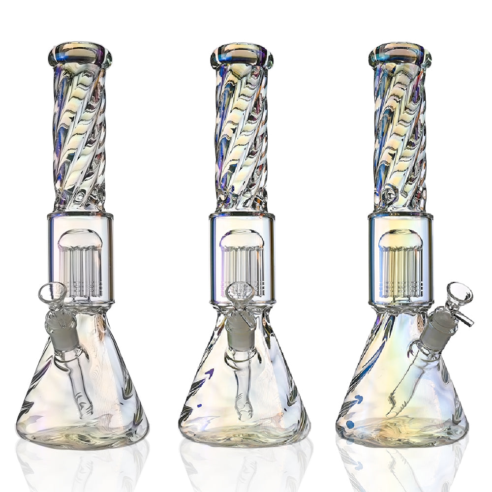 14" Full Twisted Iridescent Beaker Bong – Tree Perc, 18mm Bowl - Croia Glass