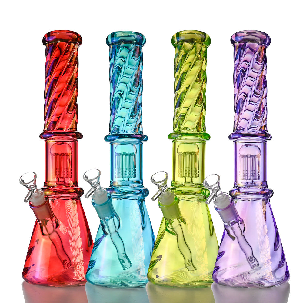 14" Iridescent Spiral Glass Beaker – Tree Perc, 18mm Bowl - Croia Glass