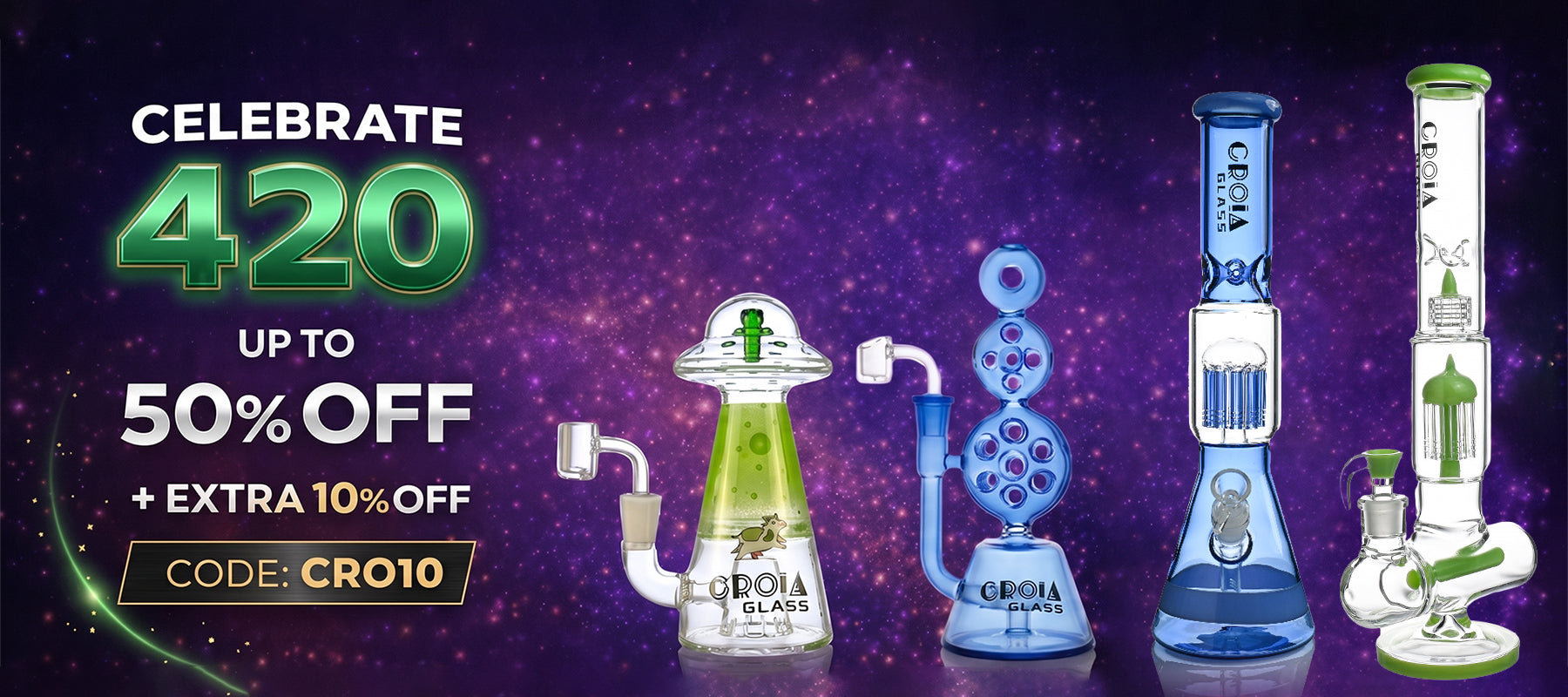 Promotional banner for a 420 sale with bong products on a purple background