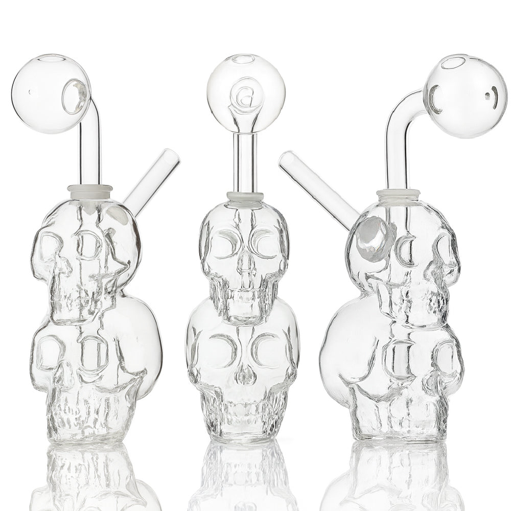 💀💀 5 inch Double Skull Oil Burner Rig – Clear Crystal Mini Sculpted Rig - Croia Glass