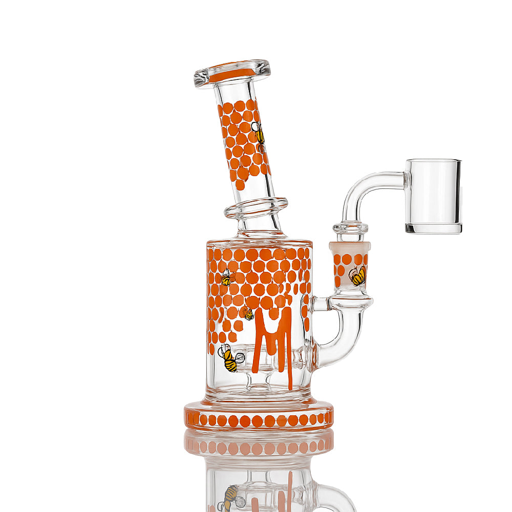 7" Honeycomb Bee Dab Rig – 14mm Quartz Banger, Honey Drip Decals, 5 Colors - Croia Glass