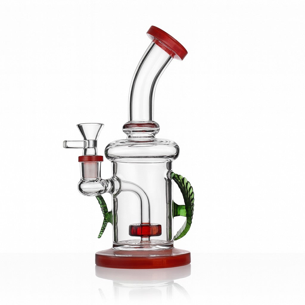 9" Double Leaf Glass Bong – Showerhead Perc, Red Accents - Croia Glass