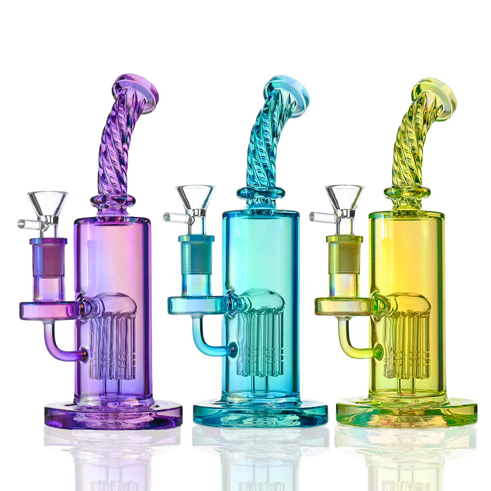 9“ iridescent Spiral Bong - Tree Perc, Bent Neck - Croia Glass